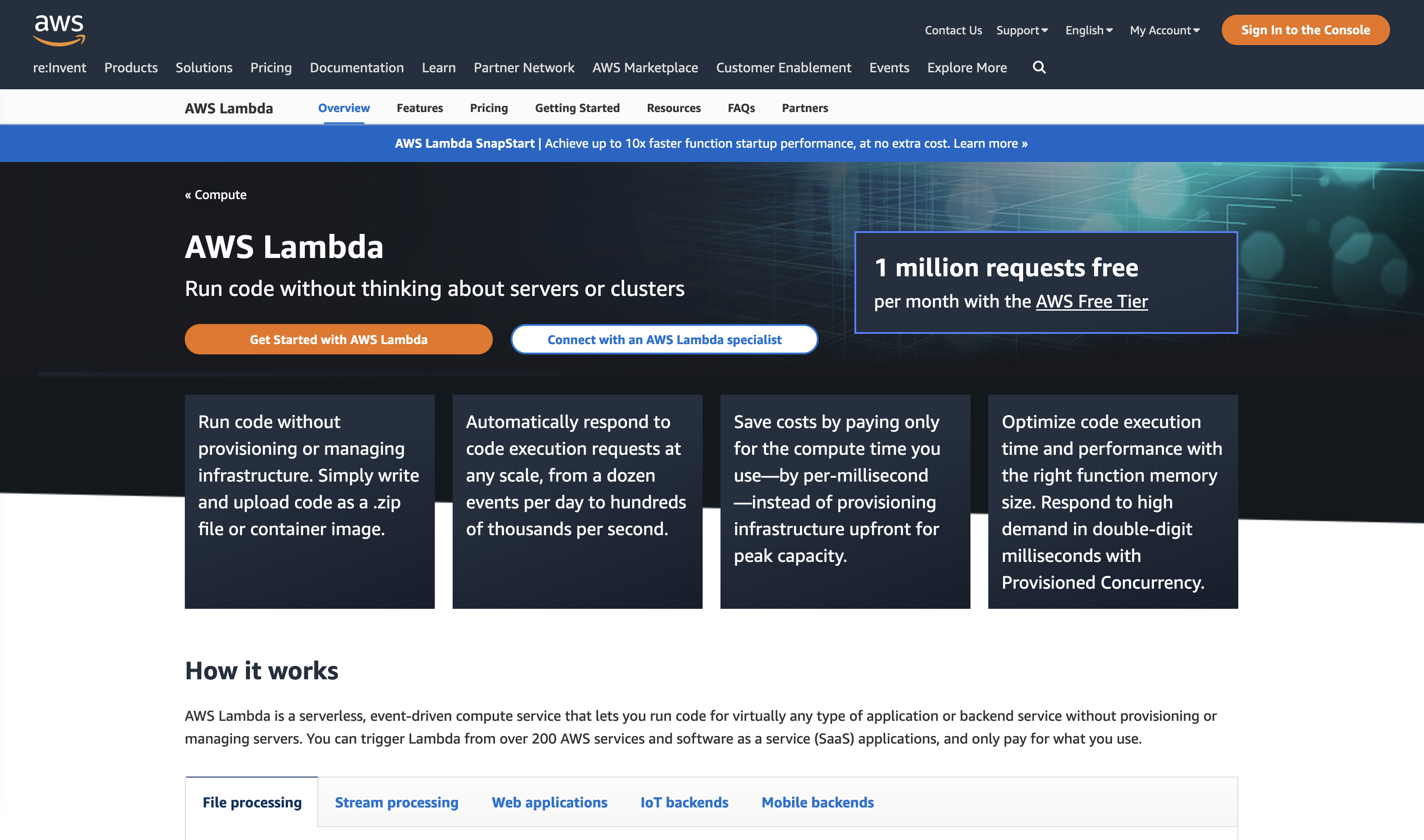 Amazon Lambda homepage