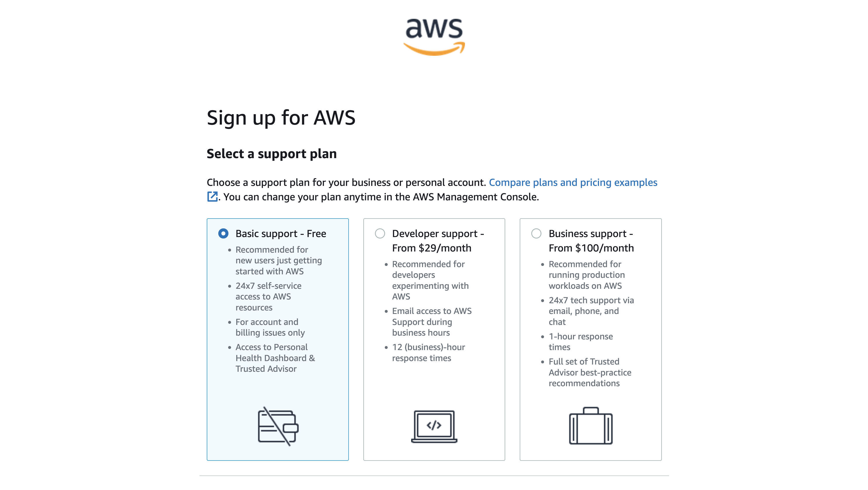 AWS support screen