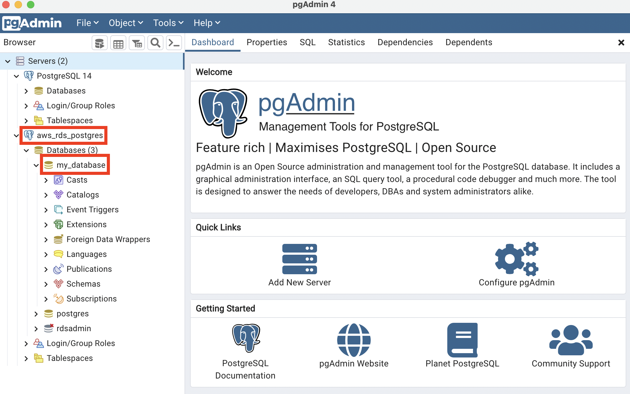 Accessing an AWS RDS instance from pgAdmin