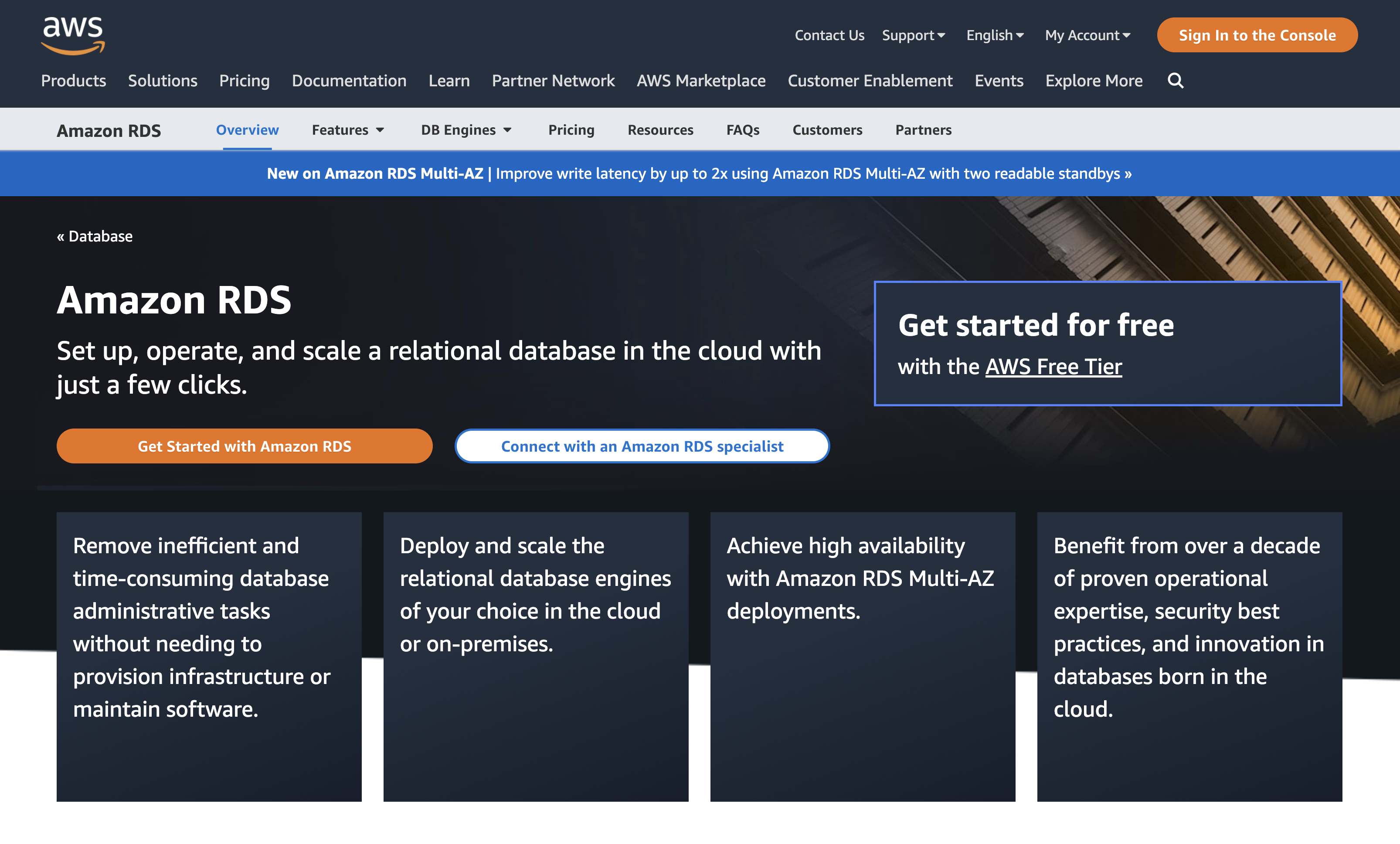 Landing page for AWS RDS